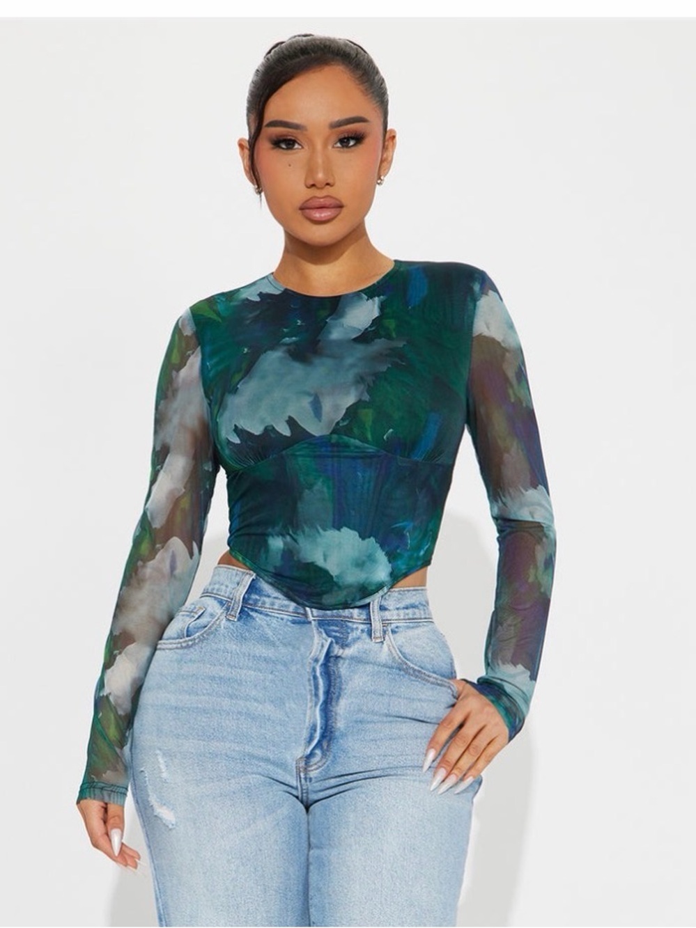 Fashion Nova Green Multi Watercolor Mesh Long Sleeve Top